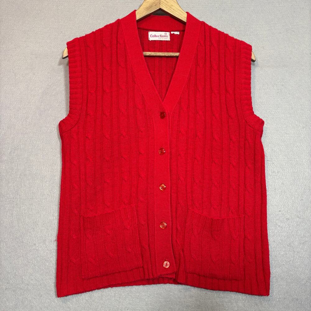 Vintage Collections Womens Vest M Red Cable Knit Button Front Pockets Grandma‎